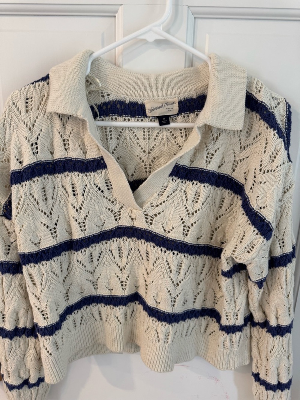 Cream Open-Knit Striped Polo Cropped Sweater with Purple Stripes